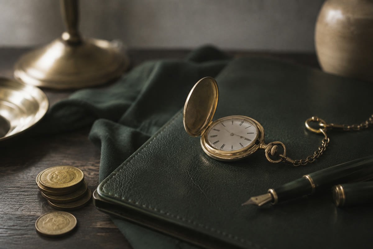 Goldene Taschenuhr mit geöffnetem Deckel auf einer dunkelgrünen Ledermappe, daneben Münzen und ein Füllfederhalter
