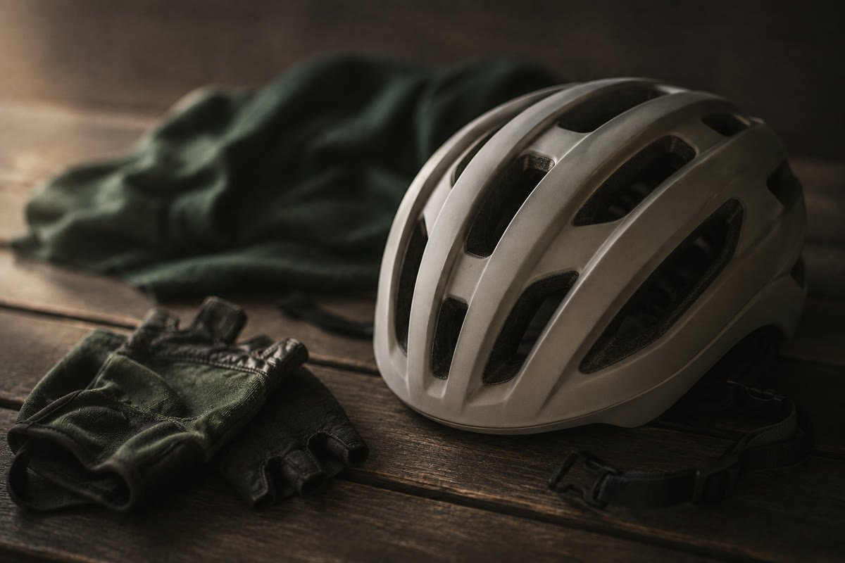 Fahrradhelm und Fahrradhandschuhe auf dunklen Holzdielen, wie nach einer Feierabendrunde abgelegt