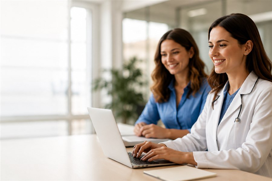 Zwei Frauen arbeiten gemeinsam an einem Laptop in einem hellen Büro