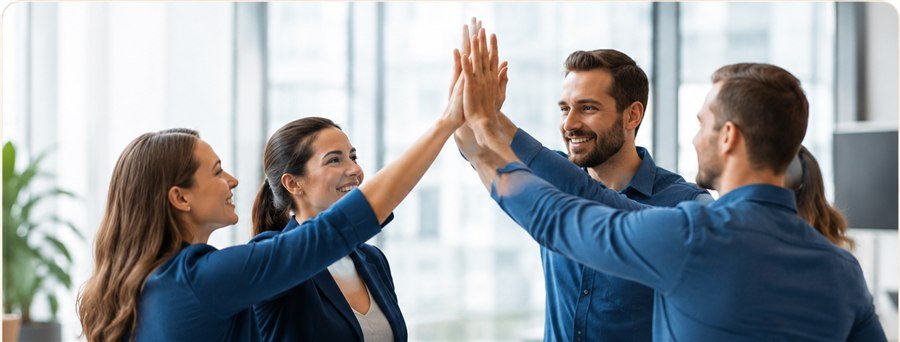 Team im Büro klatscht sich nach einem Erfolg ab