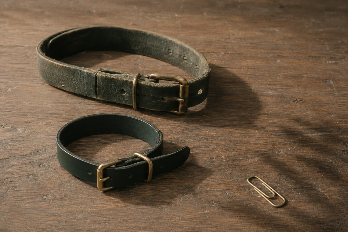 Ein neues kleines Lederhalsband liegt im Licht, dahinter im Halbschatten ein größeres, jahrelang getragenes Halsband aus demselben Leder