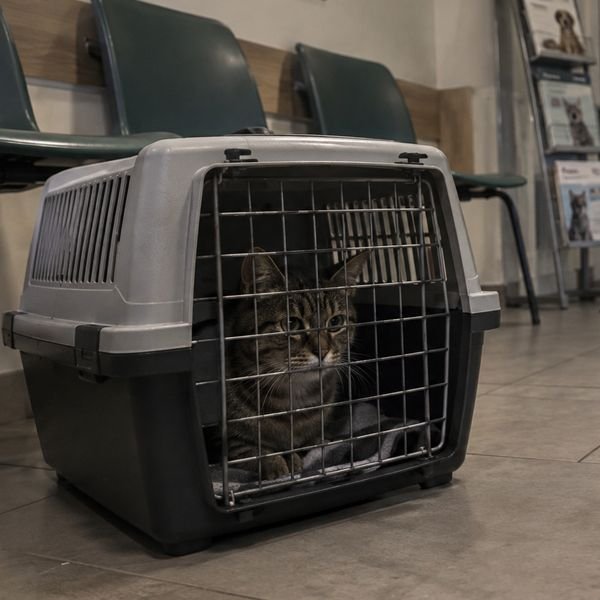 Eine Katze schaut aus ihrer Transportbox
