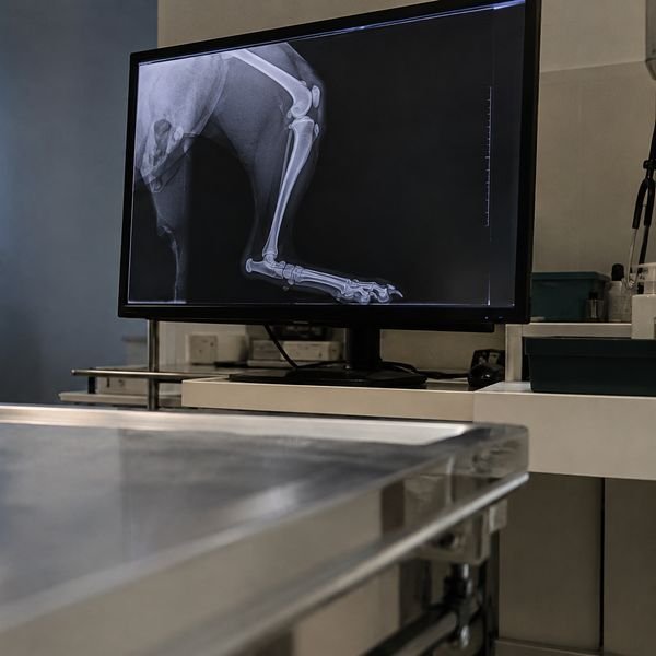 Röntgenbild eines Hundebeins mit Kniegelenk auf einem Monitor