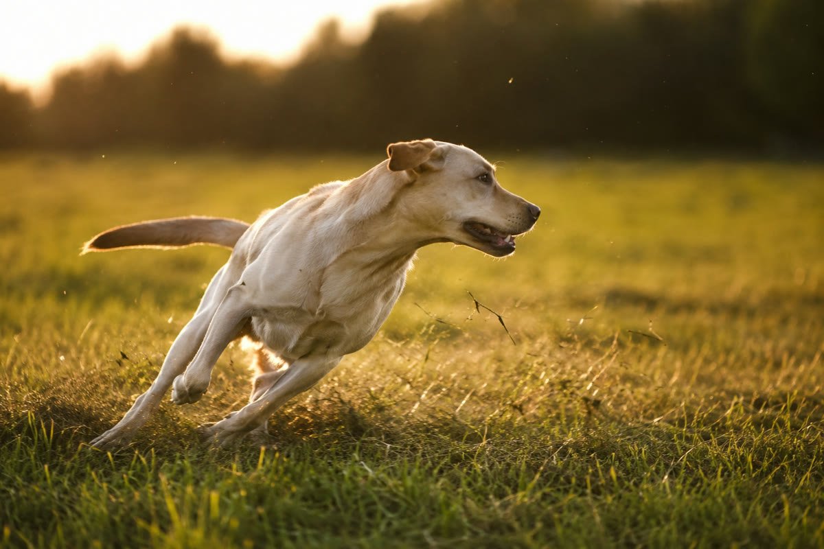 Ein Hund stoppt beim Toben auf der Wiese abrupt ab, der typische Moment für einen Kreuzbandriss